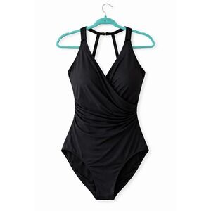 Miraclesuit Swimsuit Womens 12 Black One Piece Wrap V Neck Surplice Rushed